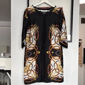 Elegant Black and Gold Chain Print Mini Dress